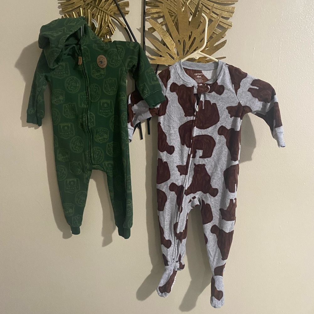 Green Hooded Baby One-Piece with Animal Print